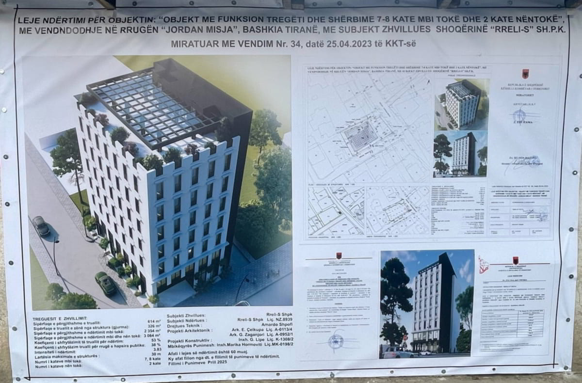 Objekt me funksion tregtie dhe sherbime 7-8 kate mbi toke dhe 2 kate nentoke, me vendndodhje ne rrugen Jordan Misja, Tirane